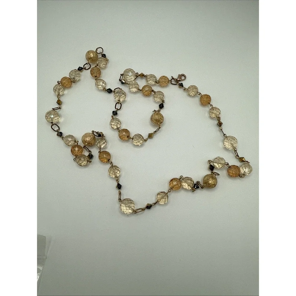 Mary Kay Adjustable Versatile Necklace Gold Tone Chain W/ Clear Gold Brown Beads